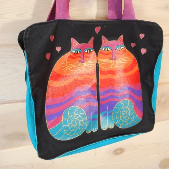 Vintage Laurel Burch Art Canvas Tote Bag Purse Shoulder Whimsigoth Colorful Cat - Picture 2 of 14